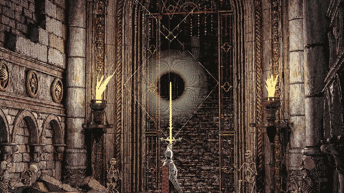 An ornate doorway in an illustration by R.A. Marsh